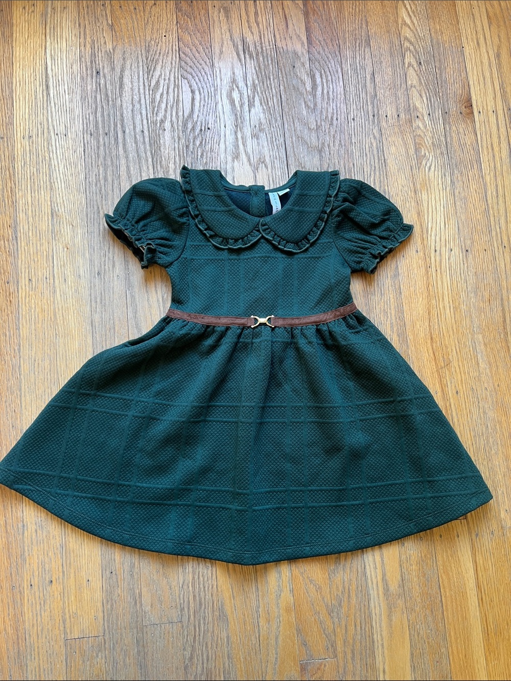 Janie and Jack Dark Green Textured Peter Pan Collar Dress with Brown Belt